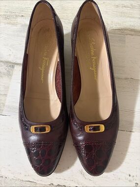 Salvatore Ferragamo Burgundy Croc-Accent Leather Pumps with Gold Buckle